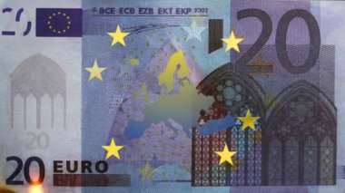 Avro banknotunun etrafında dönen sarı yıldızların canlandırılması AB haritasını canlandırıyor. Finans ve teknoloji kavramı dijital bileşik