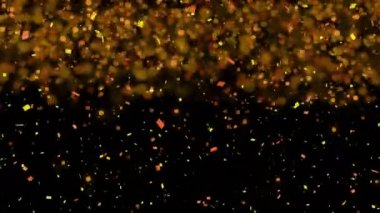 Siyah arka plana düşen altın ve turuncu konfetilerin animasyonu. Soyut konfeti konsepti dijital kompozisyon