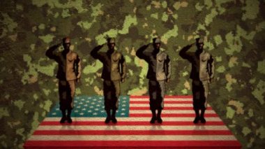 Kamuflaj arka planında Amerikan bayrağı üzerinde selamlaşan dört askerin animasyonu. Amerika Birleşik Devletleri bayrağı ve vatanseverlik kavramı dijital olarak üretilen görüntü.