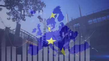 Bir şehir manzarasının üzerinde istatistik ve grafiklerle birlikte eu haritasının animasyonu. Finans ve teknoloji kavramı dijital bileşik