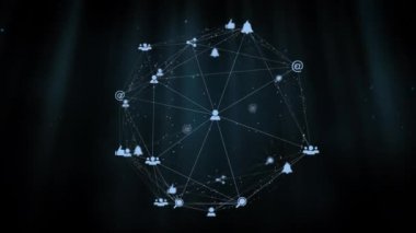 Siyah arkaplanda yüzen simgelerle bağlantı ağının animasyonu. Küresel ağ konsepti dijital bileşimi.