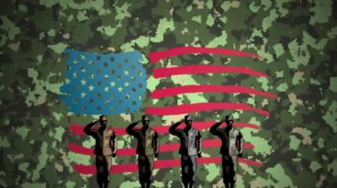 Kamuflaj arka planında Amerikan bayrağı üzerinde selamlaşan dört askerin animasyonu. 