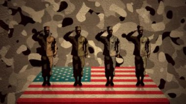 Kamuflaj arka planında Amerikan bayrağı üzerinde selamlaşan dört askerin animasyonu. Amerika Birleşik Devletleri bayrağı ve vatanseverlik kavramı dijital olarak üretilen görüntü.