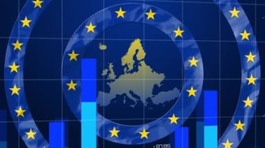 AB haritası üzerinde mavi grafiklerle dönen sarı ve mavi dairelerin animasyonu ve bir dünya haritası.