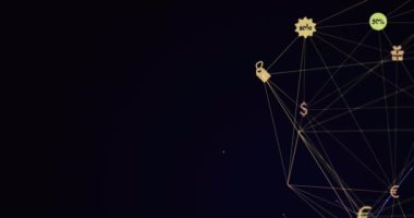 Siyah arkaplanda yüzen simgelerle bağlantı ağının animasyonu. Küresel ağ konsepti dijital bileşimi.