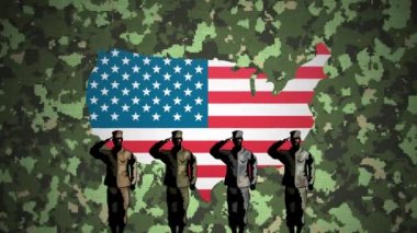 Kamuflaj arka planında Amerikan bayrağı üzerinde selamlaşan dört askerin animasyonu. 