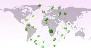 Beyaz arka planda bir dünya haritasının üzerinde yüzen simgelerle bağlantı ağının animasyonu. küresel ağ konsepti dijital kompozit.