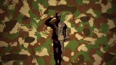 Kamuflaj arka planında selamlaşan bir askerin canlandırması. Amerika Birleşik Devletleri bayrağı ve vatanseverlik kavramı dijital olarak üretilen görüntü.