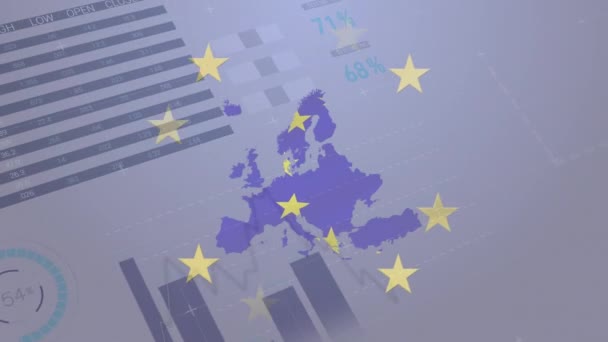 Animação Estrelas Amarelas Girando Com Mapa Sobre Gráficos Estatísticas Rolando — Vídeo de Stock