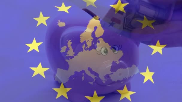 Animation Flag Waving Person Putting Euro Bill Piggy Bank Finance — Stock Video