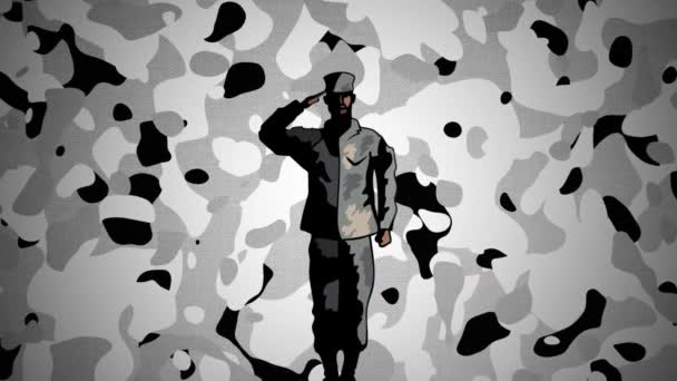 Κινούμενα Σχέδια Ενός Στρατιώτη Που Χαιρετάει Φόντο Καμουφλάζ Σημαία Των — Αρχείο Βίντεο