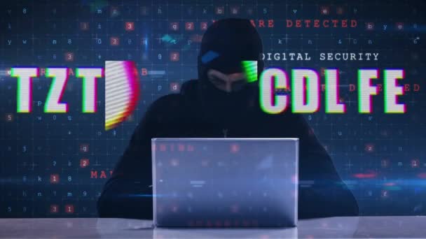 Animacja Tekstu System Hacked Caucasian Man Wearing Balaclava Using Laptop — Wideo stockowe