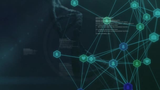 Анімація Мережі Язків Піктограмами Обробка Даних Плавають Над Структурою Dna — стокове відео