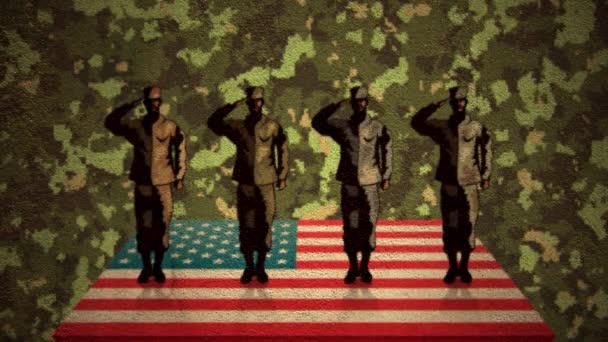Animazione Quattro Figure Soldati Che Salutano Bandiera Americana Sfondo Mimetico — Video Stock