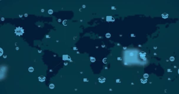 暗い背景に世界地図上に浮かぶアイコンとの接続のWebアニメーション グローバルネットワークの概念デジタル複合体 — ストック動画