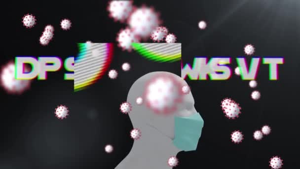 Анимация Слова Coronavirus Макроклетками Covid Плавающей Над Моделью Человеческой Головы — стоковое видео