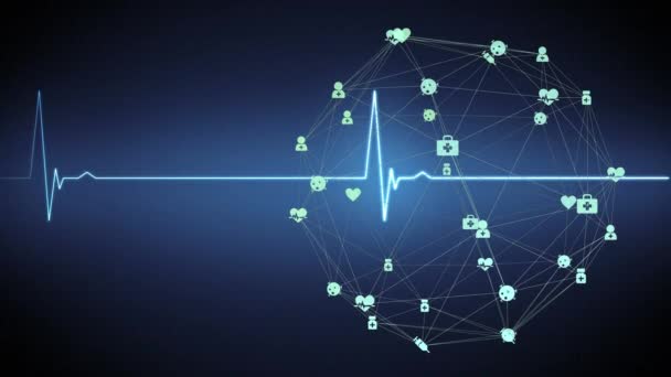 Animação Teia Conexões Com Ícones Médicos Flutuando Sobre Cardiograma Movimento — Vídeo de Stock