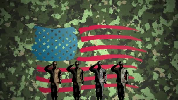Animace Čtyř Postav Vojáků Salutujících Nad Americkou Vlajkou Maskovacím Pozadí — Stock video