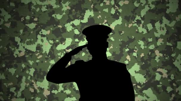 Animation Svart Siluett Soldat Saluterar Kamouflage Bakgrund Förenta Staternas Flagga — Stockvideo