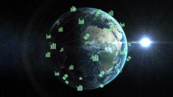 Animation Réseau Connexions Avec Des Icônes Flottant Sur Globe Tournant — Video