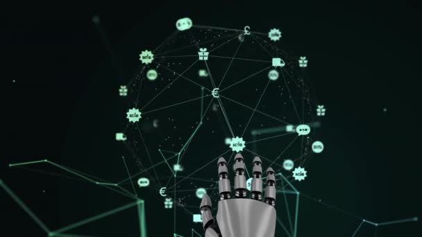 Animacja Sieci Połączeń Ikonami Robotyczną Ręką Czarnym Tle Globalna Koncepcja — Wideo stockowe