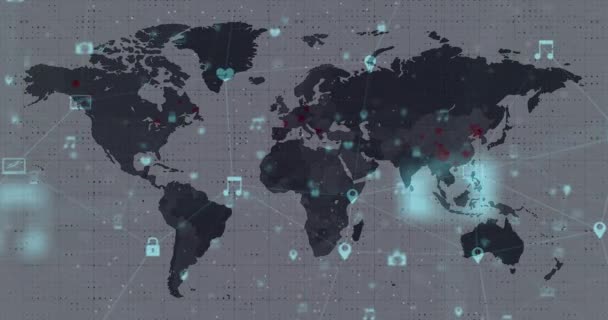 Animación Red Conexiones Con Iconos Interfaz Que Mueven Sobre Mapa — Vídeos de Stock