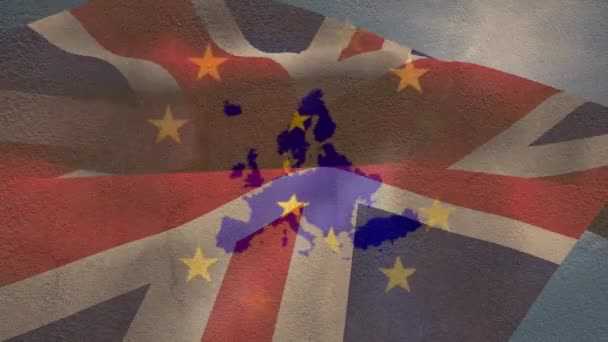イギリスの旗の上を黄色の星が回転しているEuの地図のアニメーション 財務と技術の概念デジタル複合体 — ストック動画