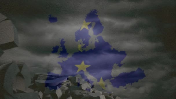 在欧盟地图的动画中 白人妇女躲藏在一把被毁的欧元符号的伞下 财务和技术概念数字组合 — 图库视频影像
