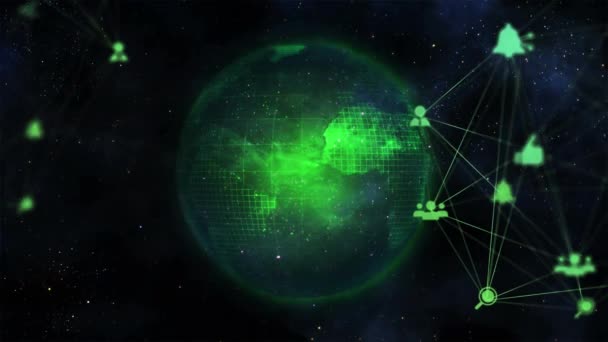 Animacja Sieci Połączeń Ikonami Unoszącymi Się Nad Wirującym Globusem Ciemnym — Wideo stockowe