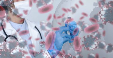 Makro Covid-19 'un dijital çizimi ve şırınga kullanarak bir kadın bilim adamının üzerinde yüzen kan hücreleri.. 