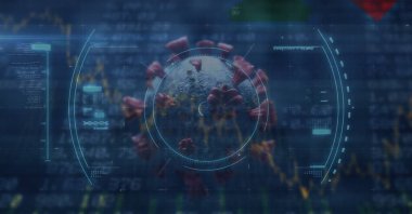 Kapsam taramasının dijital çizimi, veri işleme üzerinde bir makro Covid-19 hücresi bulmak. Coronavirus Covid-19 dijital olarak üretilen pandemik konsept
