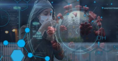 Kapsam taramasının dijital çizimi, yüz maskesi takan ve öksüren bir kadının üzerinde makro Covid-19 hücresi bulmak. Coronavirus Covid-19 dijital olarak üretilen pandemik konsept