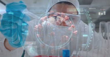 Dürbün taramasının dijital çizimi, koruyucu giysiler giyen bir bilim adamının üzerinde pipet kullanan bir makro Covid-19 hücresi bulmak. Coronavirus Covid-19 dijital olarak üretilen pandemik konsept