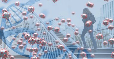 Makro Covid-19 hücrelerinin dijital çizimi ve merdivenlerden çıkan bir kadının DNA 'sı. Coronavirus Covid-19 dijital olarak üretilen pandemik konsept