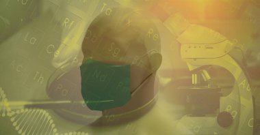 Periyodik tablonun dijital çizimi, mikroskop üzerinde üç boyutlu bir insan vücudu modeli. Coronavirus Covid-19 dijital olarak üretilen pandemik konsept