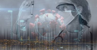 Kapsam taramasının dijital çizimi ve elinde deney tüpü tutan koruyucu giysiler giyen kadın bilim adamının bulunduğu makro Covid-19 hücresi. Coronavirus Covid-19 dijital olarak üretilen pandemik konsept