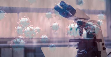 Mikroskop üzerinde yüzen makro Covid-19 hücrelerinin dijital çizimi. Coronavirus Covid-19 dijital olarak üretilen pandemik konsept