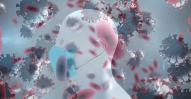 Makro Covid-19 hücrelerinin, yüz maskesi takan üç boyutlu bir vücut modelinin dijital çizimi. Coronavirus Covid-19 dijital olarak üretilen pandemik konsept