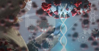 Makro Covid-19 hücrelerinin dijital çizimi ve yüzen DNA türleri ve yüz maskesi takan bir adamın üzerinde tablet kullanan periyodik tablo. Coronavirus Covid-19 dijital olarak üretilen pandemik konsept