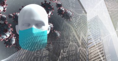 Yüzen makro Covid-19 hücrelerinin dijital çizimi, üç boyutlu insan vücudu modeli, şehir manzarası üzerinde borsa istatistikleri olan bir yüz maskesi takıyor..