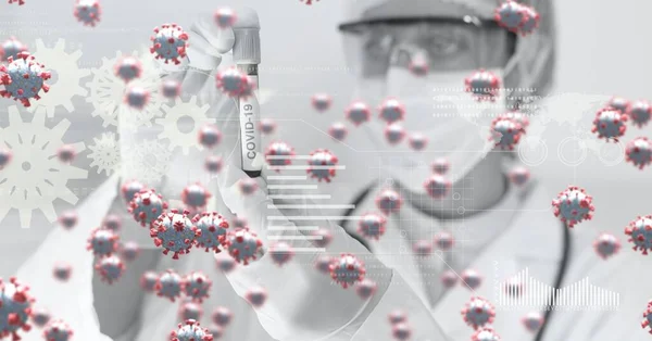 Digitale Illustration Von Makro Covid Zellen Die Über Einem Wissenschaftler — Stockfoto