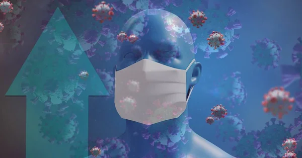 マクロのデジタルイラストCovid 19細胞が浮かんでいる 青い背景にフェイスマスクを着用した3D人体モデルに直面して矢印 — ストック写真