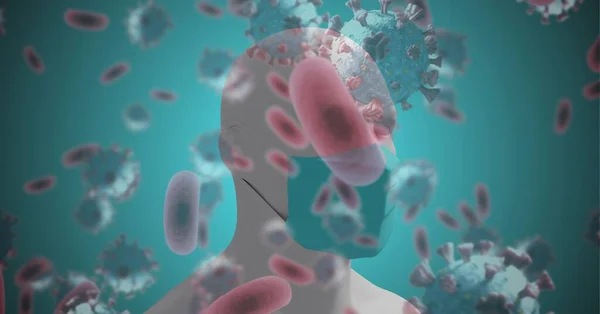 Цифровая Иллюстрация Макроклеток Covid Плавающих Над Моделью Человеческого Тела Маске — стоковое фото