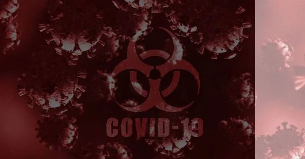 Digital Illustration Red Hazard Sign Word Covid Macro Covid Cells — Stock Photo, Image