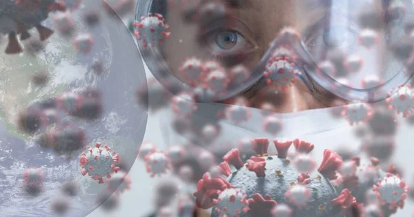 Digital Illustration Makro Covid Celler Flyter Över Forskare Bär Ansiktsmask — Stockfoto