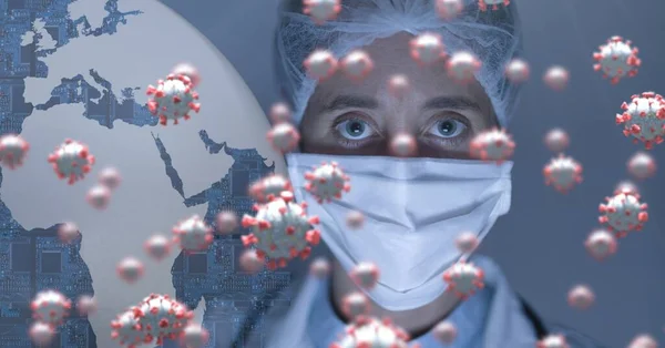 Digital Illustration Makro Covid Celler Flyter Över Kvinnlig Läkare Bär — Stockfoto
