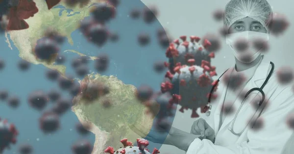 Ψηφιακή Απεικόνιση Των Μακροσκοπικών Κυττάρων Covid Και Μια Σφαίρα Που — Φωτογραφία Αρχείου