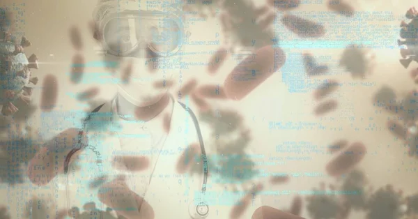 Digitale Illustration Von Makro Covid Zellen Schwimmend Datenverarbeitung Arzt Mit — Stockfoto