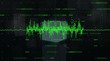 Siyah arkaplanda yüzen finansal veri işleme, istatistik kaydı, grafikler ve grafiklerin animasyonu.