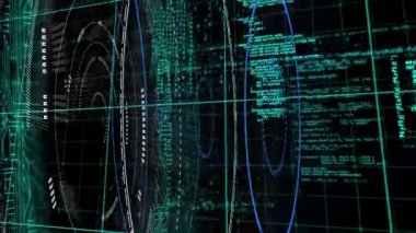 Siyah arkaplanda yüzen yuvarlak bir resim ve veri işleme animasyonu. Genel çevrimiçi güvenlik kavramı.